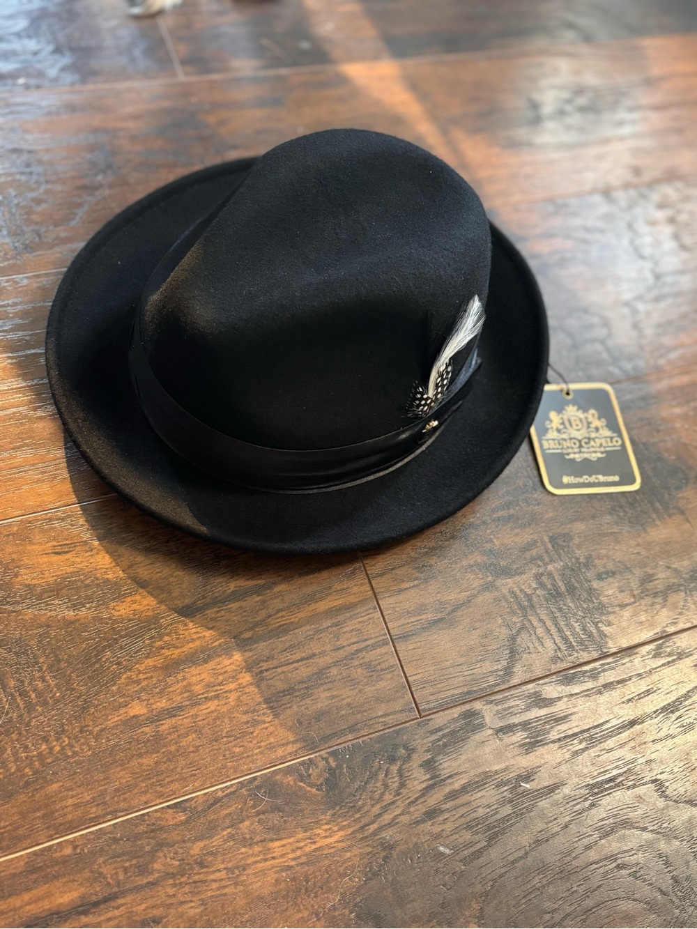 Black Fedora Hat with Feather Trim - Bruno Capelo